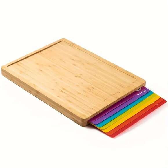 Bamboo Cutting Board Set -  With Color-Coded Flexible Plastic Cutting Boards - Picture 1 of 6